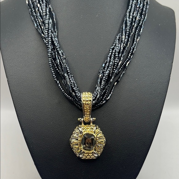 Elegant Black Beaded  Necklace with Gold and Silver tone Pendant  with Quartz - Picture 1 of 14
